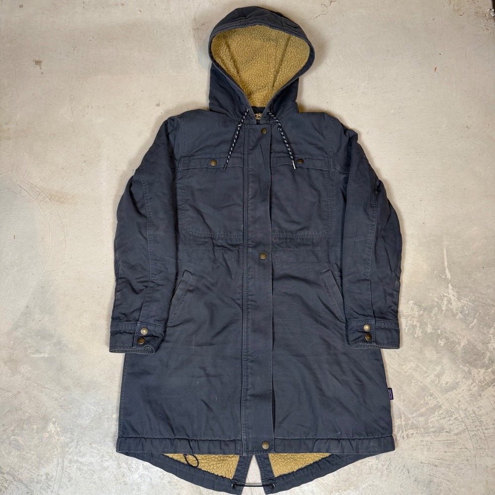 Patagonia Insulated Prairie Dawn Parka Navy Blue Canvas Fleece Hooded Jacket M